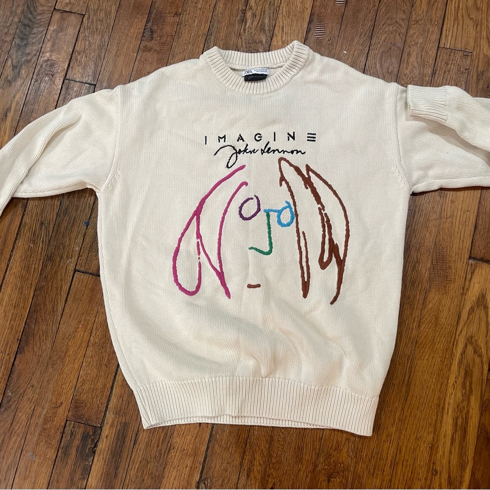 Zara Cream "Imagine John Lennon" Graphic Sweater with Multicolor Face Outline
